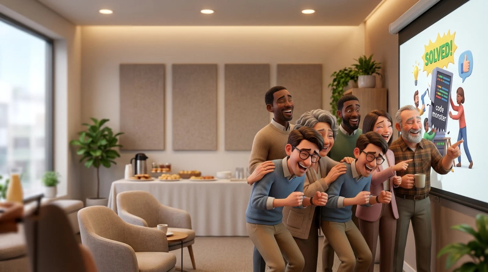 Команда смотрит корпоративный мультфильм о своей работе