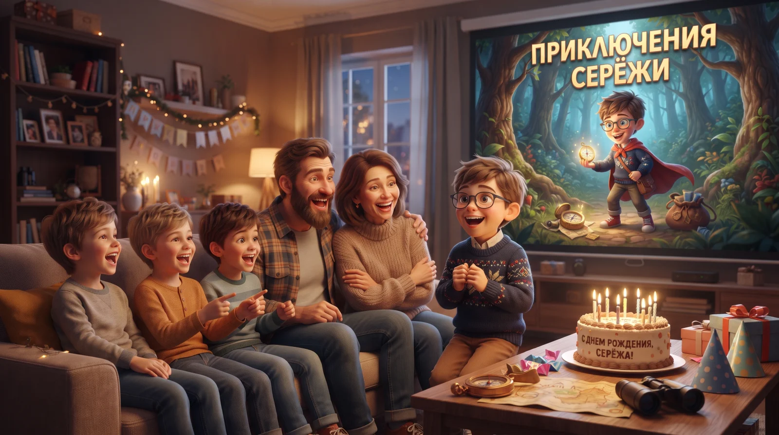 Ребёнок видит себя главным героем персонального мультфильма на дне рождения